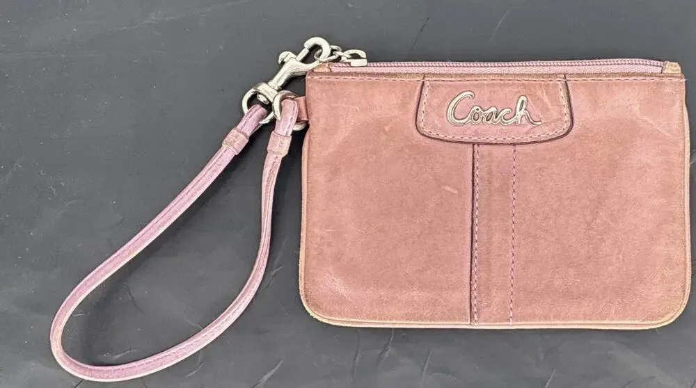 Coach Pinkish Beige Wristlet Coin Wallet with Zipper, Logo, and Strap Accents